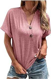 JSijepa Summer Rolled-Up Short Sleeve Baggy Blouse, Women's Fashion V Neck Soft Shirt, Leisure Buttons Plain Tops