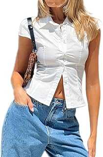 Womens Short Sleeve Button Up Shirts Y2k Slim Fit Collared Business Blouses Slim Fit Pleated Preppy Short Tops