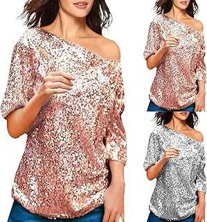 Blouse Women's Elegant Festive Glitter Shirt Women's Glitter Tops Casual Sequins T-Shirt V-Neck Long Sleeve Party Tunic Evening Glitter Top Long Blouse Modern Festive Blouses Glitter Top