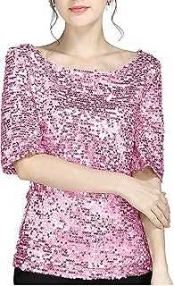 Women's Sparkle Sequin Half Sleeve Glitter Tops Party Shirt Blouse