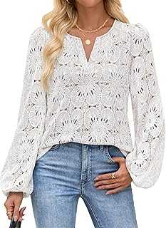 MEROKEETY Women's Eyelet Long Sleeve Tops Dressy Casual V Neck Shirts Fall Trendy Crochet Lace Blouse
