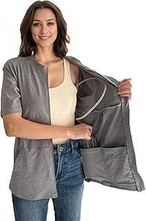 Youdiao Mastectomy Shirts with Drain Pockets Post-Surgery Must Haves Soft Full Front Zip-Up Short Sleeve Recovery Tops