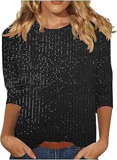 Sequin Printed Tops UK Women Round Neck Solid 3/4 Sleeve Pullover Jumpers Womens Sparkly Sweater Shimmer Shirt Glitter Top Sparkly Festival Party Blouses Shining Tees UK Size Clearance