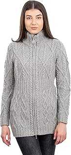 SAOL - 100% Merino Wool Ladies Cable Knit Cardigan Full Zip Irish Coat