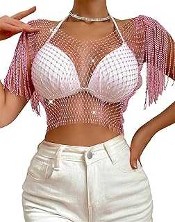 FEOYA Women Sexy Sheer Mesh See Through Crop Top Long Sleeve Glitter Sequin Shirt Rhinestone Transparent Sparkle Blouse Party Clubwear