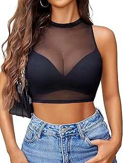 Avidlove Sexy Mesh Crop Top for Women Sleeveless Sheer High Neck Tops See Through Tank Blouses Shirts