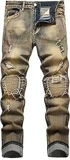 DANT BULUN Men's Ripped Slim Straight Fit Moto Biker Jeans with Zipper Deco