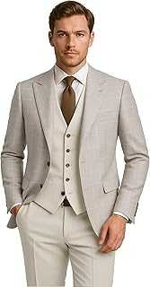 SIRRI Men’s Beige Windowpane Check Suit Slim Fit 3-Piece Wedding Business Set