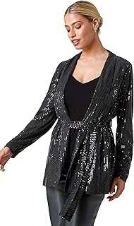 Dusk Fashion Sequin Embellished Tie Waist Jacket for Women UK - Ladies Everyday Autumn Winter Comfy Soft Evening Vacation Work Party Night Out