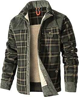 HYPESTFIT Mens Jacket Flannel Fur Lined Button Warm Lumberjack Fleece Padded Long Sleeve Casual