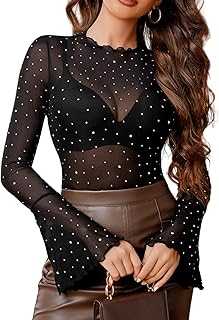 Avidlove Women's Mesh Tops with Rhinestones Bell Sleeves Blouse Scalloped Edge Clothing Sexy Shirt See Through Party