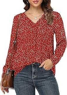 Anelune Womens Tops Pleated Lantern Sleeve V-Neck Shirts Elegant Solid Color Loose Fit Casual Chiffon Blouse