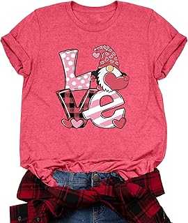 Valentine's Shirt for Womens Cute Gnomes Love Heart Printed Tees Short Sleeve Graphic Tops