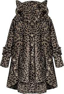 OMZIN Womens Hooded Coats Long Sleeve Casual Oversized Faux Fur Fuzzy Open Front Hoodies Outerwear With Leopard Pockets S-5XL