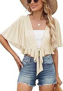 Famulily Tie Front Sheer Bolero Shrugs for Women Soft Ruffle Cropped Loose Cardigans Summer Cover ups