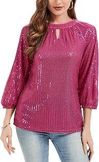Kyzoeyou Sparkly Top Going Out Tops 3/4 Long Sleeve T Shirt for Women Keyhole Neck Blouse Fully Lined Tunic Party Night Blouses