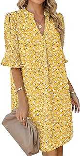 AUSELILY Dress for Women UK V Neck Summer Dresses Short Sleeve Elegant Ladies Dresses Casual Loose Shirt Dress with Pockets