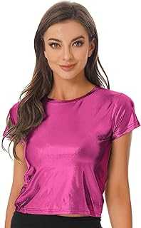 Sinleey Womens Shiny Tops Holographic Metallic Short Sleeve T-Shirt Glitter Sparkle Party Disco Tee Shirt Blouse