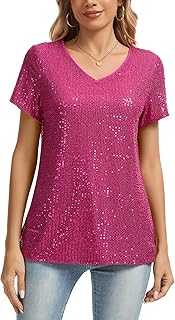 MINTLIMIT Womens Sparkling Sequin Blouses V Neck Short Sleeve T Shirt Fully Lined Glitter Casual Nighty Going Out Tops