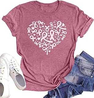Pink Ribbon Shirts for Women Breast Cancer Awareness T-Shirt Inspirational Breast Cancer Short Sleeve Blouse Tops