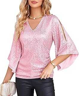GRACE KARIN Women's Sequin Tops 3/4 Sleeve Glitter Sparkly Party Blouse Wraped V-Neck Fall Going Out Shirt