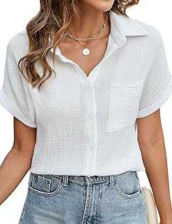 Niwicee Womens Blouse Summer Cotton Shirts Casual V Neck Short Sleeve Tops Elegant Solid Color Button Down Basic Loose Tunic T Shirts Tops with Pocket