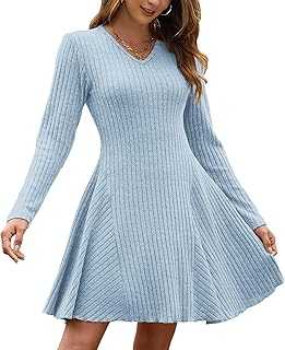 AUSELILY Autumn Dresses for Women UK Lightweight Winter Jumper Dress Knitted V Neck A Line Long Sleeve Dresses Knee-Long Sweater Dress Elegant