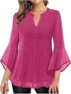 Sequin Tops for Women UK Sparkly Party Wear 3/4 Sleeve Blouse Mesh Tshirt Ladies Sparkly Tops Elegant Dressy Blouses Tunic Top Gold Stamping Plus Size Party Tops Pullover Glitter Tops Evening Wear