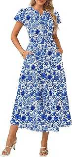 GRACE KARIN Women Elegant Maxi Floral Dress Short Sleeve V Neck Summer Dress Elastic Waist