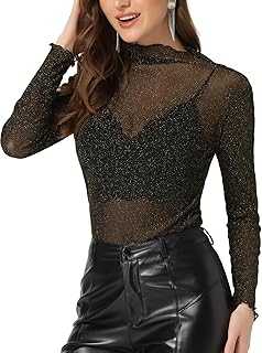 Allegra K Women's Mesh Sheer Party Top Shiny Slim Long Sleeve Mock Neck Blouse