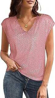 GRACE KARIN Women’s Sequin Sparkly Tops Short Cap Sleeve V-Neck Tunic Party Top for Christmas