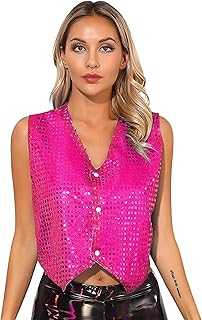 Loodgao Women's Glitter Sequin Button Up Waistcoat V Neck Sleeveless Vest Top Disco Dance Clubwear
