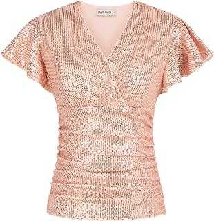 GRACE KARIN Women's Sequin Tops Glitter Sparkly Blouse Dressy Ruched Ladies Wrap Tops for Cocktail Party Evening