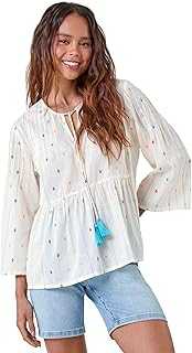 Roman Petite Embroidered Cotton Smock Top for Women UK - Ladies Everyday Holiday Spring Summer V-Neckline Comfy Soft Evening Vacation Work Party