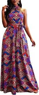 VERWIN Floor Length Lace-Up High Waist Stand Collar Sleeveless Women's Maxi Dress Print Dress