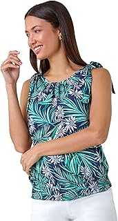 Roman Originals Bow Detail Floral Shirred Top for Women UK - Ladies Everyday Holiday Spring Summer Round Neckline Comfy Soft Evening Vacation Work Party