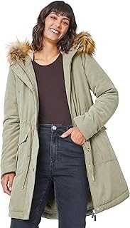 Roman Originals Coat with Faux Fur Hood for Women UK Ladies Autumn Jacket Winter Parka Waterproof Rainproof Windproof Lined Fitted Casual Smart Hooded Zip Up Padded Quilted