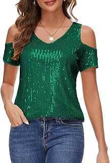 Womens Sparkly Sequin Top V Neck Cold Shoulder Glitter Short Sleeve Dressy Party Blouse Shirts
