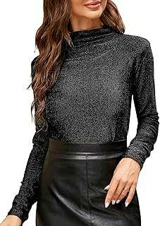 Women's Slim fit Long Sleeve Turtleneck Glitter Tee Blouse Tops