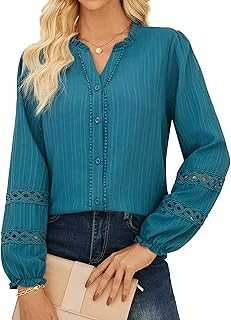 GRACE KARIN Women’s Button Down Henley Shirt Blouses Lace Long Sleeve Flattering Fit Casual Tunic Blouse Tops
