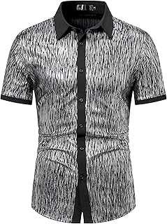 Men's Shiny Metallic Sequin Short Sleeve 70s Party Costume Dress Shirts Dance Hip Hop Shirt Top