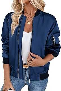 Zeagoo Bomber Jacket for Women Elegant Zip Transition Jackets Short Lightweight Flight Jackets Autumn Long Sleeve Jacket with Pockets XS-3XL