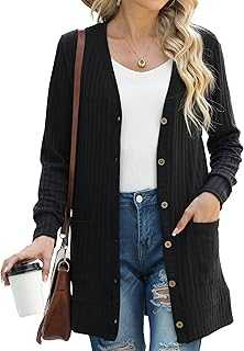 GRECERELLE Womens Cardigan Long Sleeve Open Front Cardigans Button Down V Neck Ribbed Knit Lightweight Outerwear with Pocket