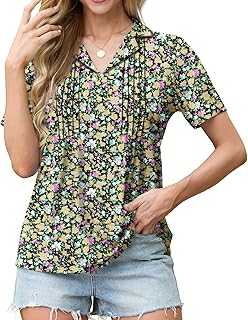 GRECERELLE Women Summer Tunic Short Sleeve Tops for Women UK V Neck Elegant Casual Ladies Pleated Floral Blouse Shirts