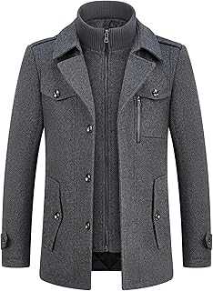 KUDORO Mens Wool Coats Short Winter Padded Trench Coat for Casual Business Outwear Thick Wool Blend Peacoat with Removable Inner Collar