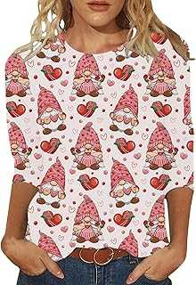 Valentine's Day Heart Graphic Printed T-Shirt Women's Three Quarter Sleeve Round Neck Top Blouse Glitter Top Women