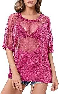 Glitter See Through Tops Women: Sheer Mesh Short Sleeve Shirts Summer Sexy Sparky Tee Top Blouse