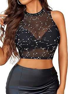 Avidlove Sexy Mesh Crop Top for Women Sleeveless Sheer High Neck Tops See Through Tank Blouses Shirts