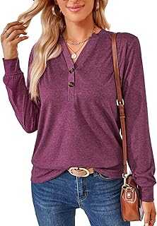 Atxnn Womens Blouses Long Sleeve Tops V Neck T-Shirt Solid Color Shirts with Decorative Button Casual Soft Tunic Top