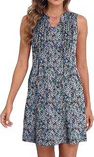 GRECERELLE Women's Summer Dresses Casual Sleeveless V Neck Shift Dresses Ladies Pleated Tank Dress with Pockets